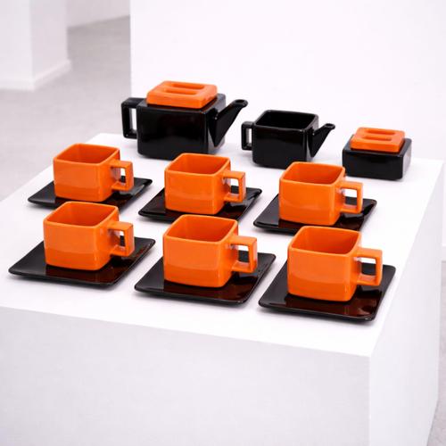 Postmodern Vintage Red and Black Glazed Ceramic Tea Set by Ettore Sottsass, 1970s, Set of 9 For Sale - Image 3 of 9