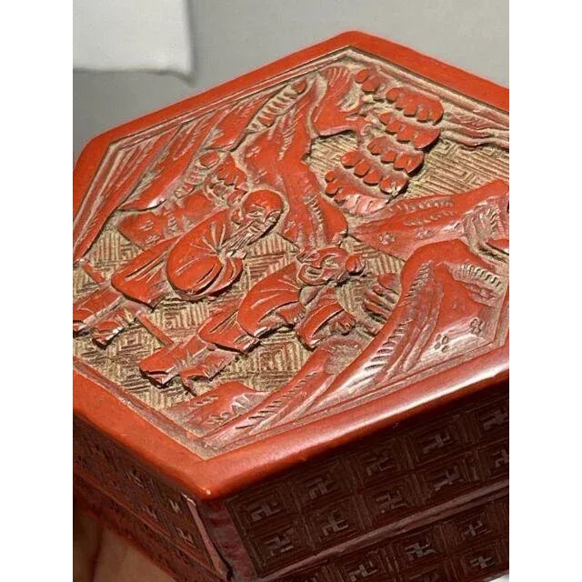 Antique Chinese Cinnabar Hexagon Box Carved With Figures For Sale - Image 11 of 13