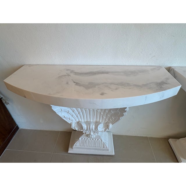 1970s Grosfeld House Seashell Shell Scalloped Pair Demi Lune Wall Console Table Marble For Sale - Image 5 of 18