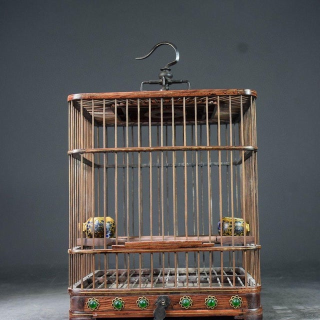 Antique Rosewood Birdcage With Gemstone Inlay and Porcelain Feeders For Sale In Los Angeles - Image 6 of 9