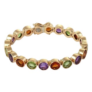 Mid 20th Century Multi-Color Bezel Set Round Gems 14k Yellow Gold Link Bracelet For Sale