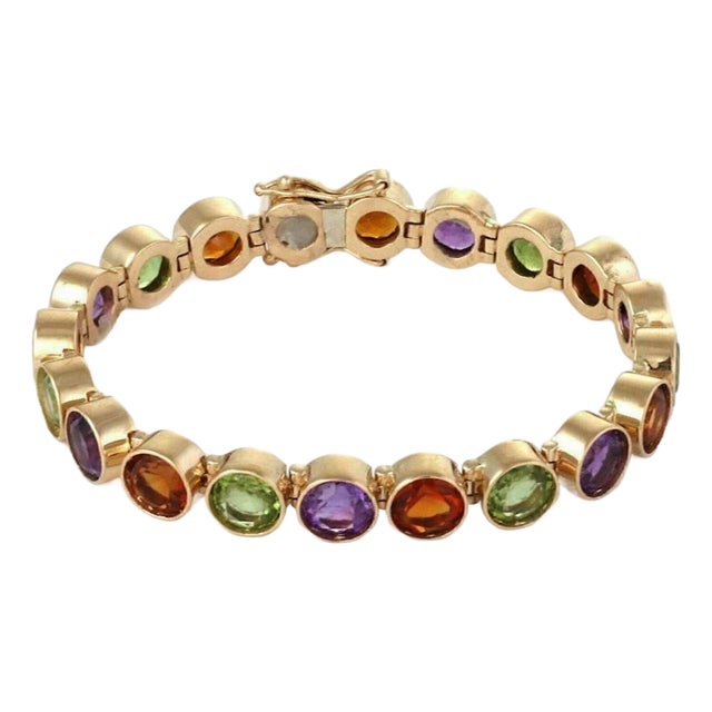 Mid 20th Century Multi-Color Bezel Set Round Gems 14k Yellow Gold Link Bracelet For Sale
