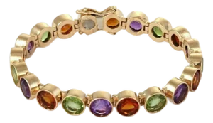 Mid 20th Century Multi-Color Bezel Set Round Gems 14k Yellow Gold Link Bracelet