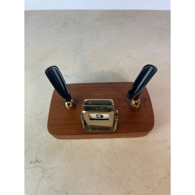 Mid 20th Century Mid-Century Brass & Walnut Perpetual Calendar Desk Set With Pen Holders For Sale - Image 5 of 8