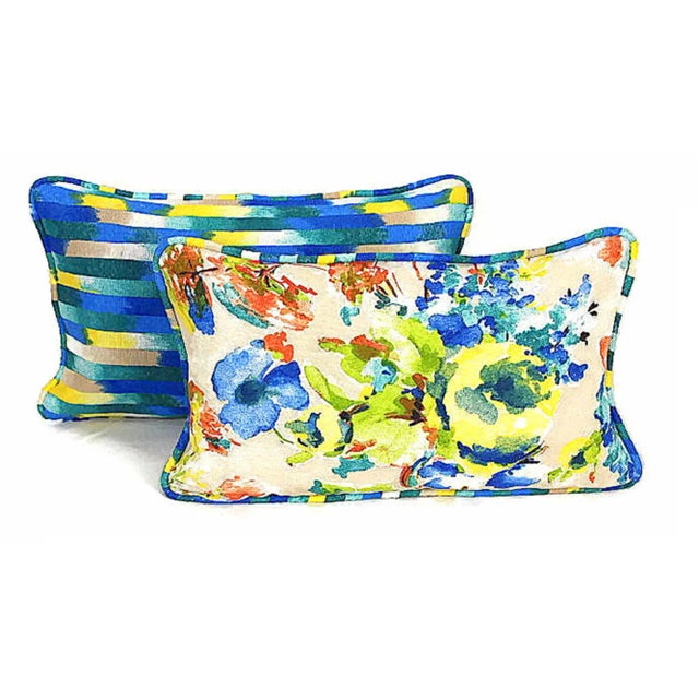 Ink Blue Vintage Pierre Frey Style Watercolor French Floral Reversible Lumbar Pillow With Piping For Sale - Image 8 of 13