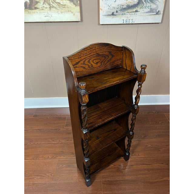 Petite Antique English Bookcase Bookshelf Barley Twist Tiger Oak Display C1920 For Sale - Image 10 of 18