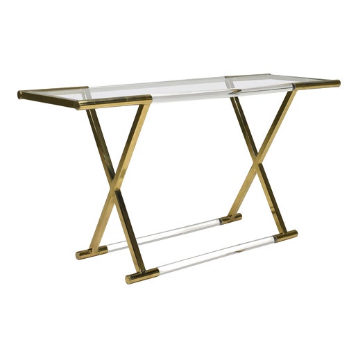 Hollywood Regency Acrylic Glass and Brass Console Table by Charles Hollis Jones, 1980s For Sale