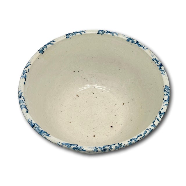 Beautiful Large 12 Inch Size Antique American Blue Spongeware Decorated Stoneware Kitchen Mixing Bowl - 1890s For Sale - Image 11 of 18