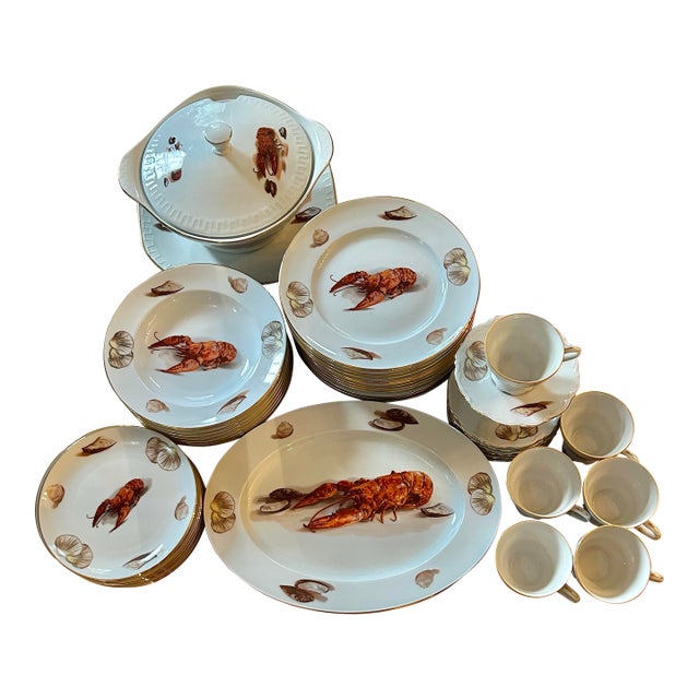 Mid 20th Century JKW Bavarian Lobster Seafood Porcelain Dinnerware - A Set of 47 Pieces For Sale