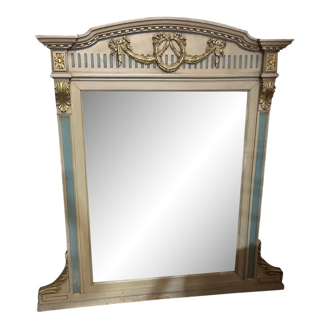Large Vintage Table Mirror With Blue and Gold Accents For Sale