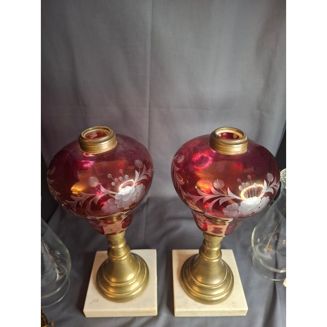 Pair Antique Bohemian Cranberry Cut-to-Clear Kerosene Lamps Marble Base P&a Eagle For Sale - Image 15 of 15