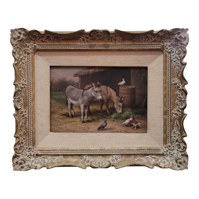 Edgar Hunt Oil Painting – Two Donkeys and Pigeons in Farmyard, 1929, Framed For Sale