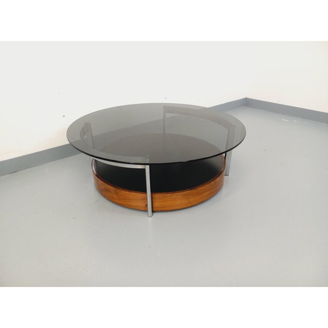Vintage Italian Round Coffee Table in Teak, Chrome Metal and Smoked Glass, 1960s For Sale - Image 14 of 18