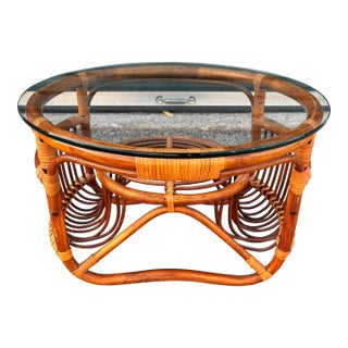 1970s Italian Mid Century Rattan and Glass Coffee Side Table For Sale
