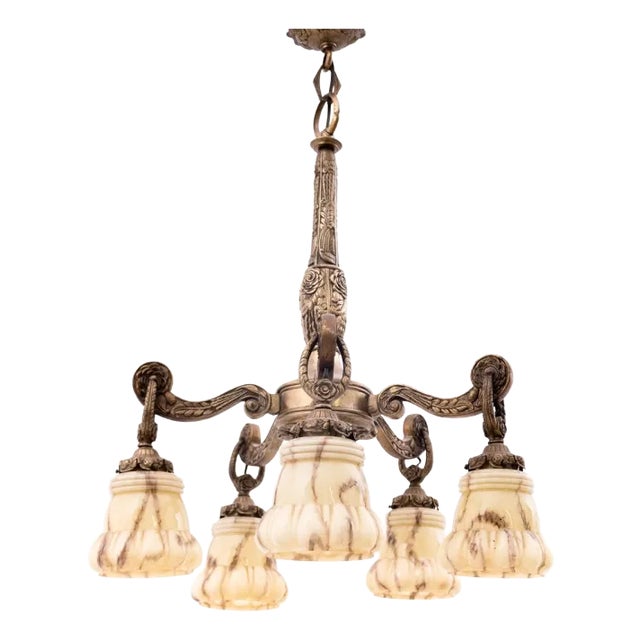 Brass and Glass Chandelier, Poland, 1940s For Sale