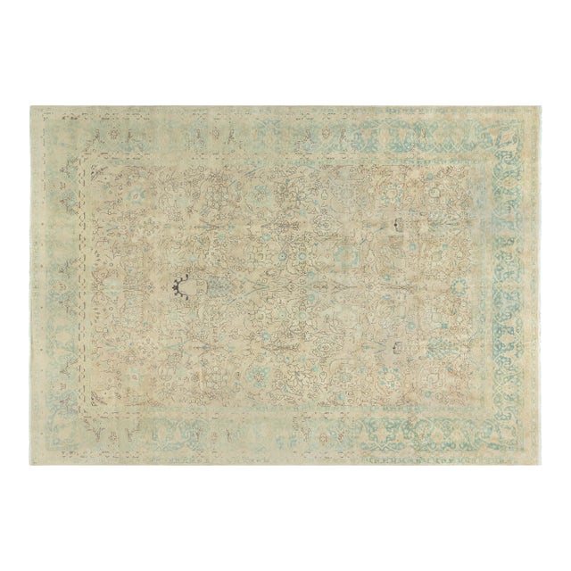 Antique Persian Tabriz Green, Beige, Brown Handmade Wool Rug For Sale