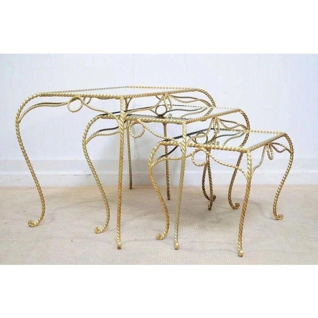 Vintage Italian Hollywood Regency Gold Rope Mirror Top 3 Pc Nesting Side Tables For Sale - Image 12 of 12