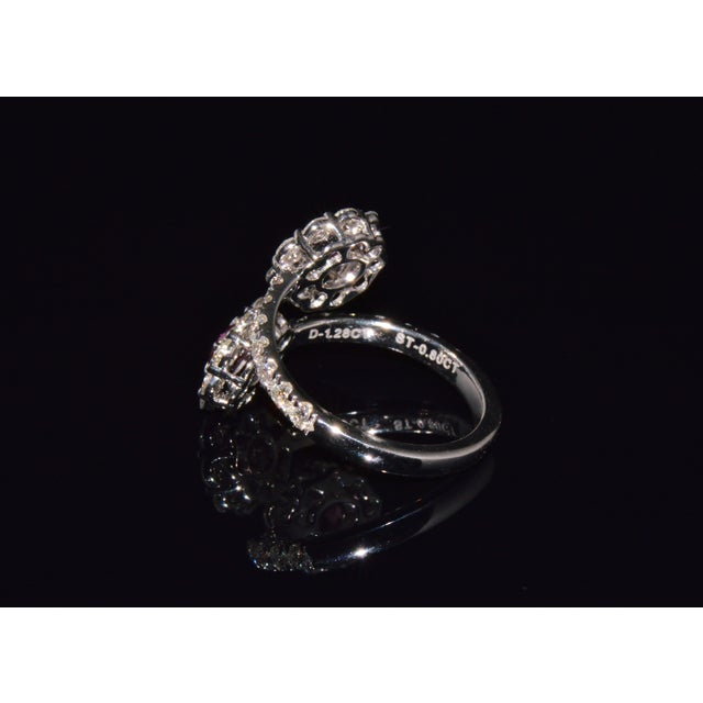 Mid-Century Modern Certified Natural 2.08cts Ruby & Diamond Floral Bypass Halo Ring in Solid 18k White Gold, Size 5.5 For Sale - Image 3 of 12