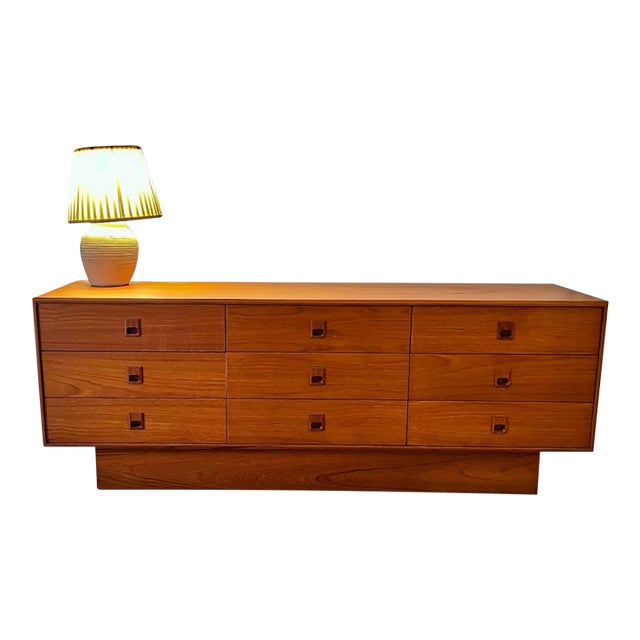 Vintage Mid-Century Modern Teak 9-Drawer Lowboy Dresser — 72” Long For Sale