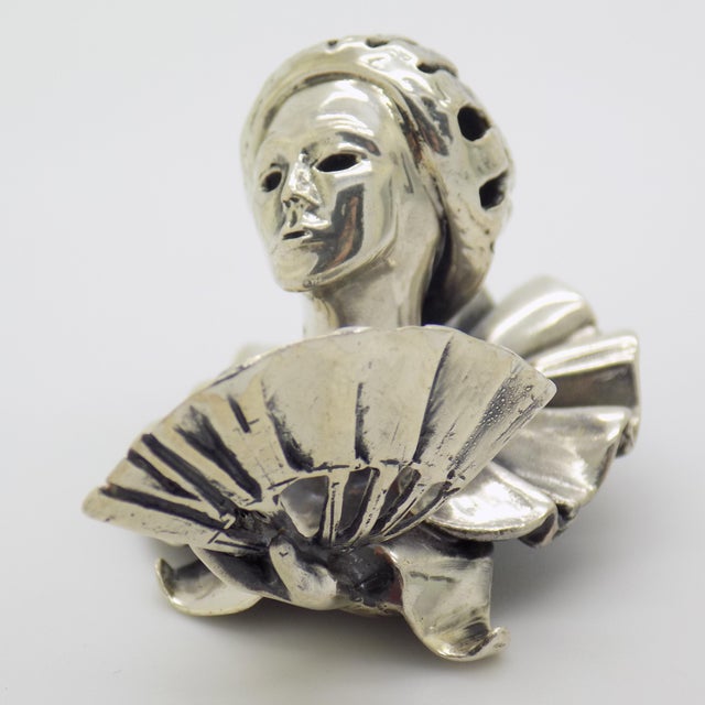 1980s Vintage Italian Handmade Sterling Silver 925 Woman With Fan Bust Figurine Decorative Solid Sculpture For Sale - Image 5 of 14