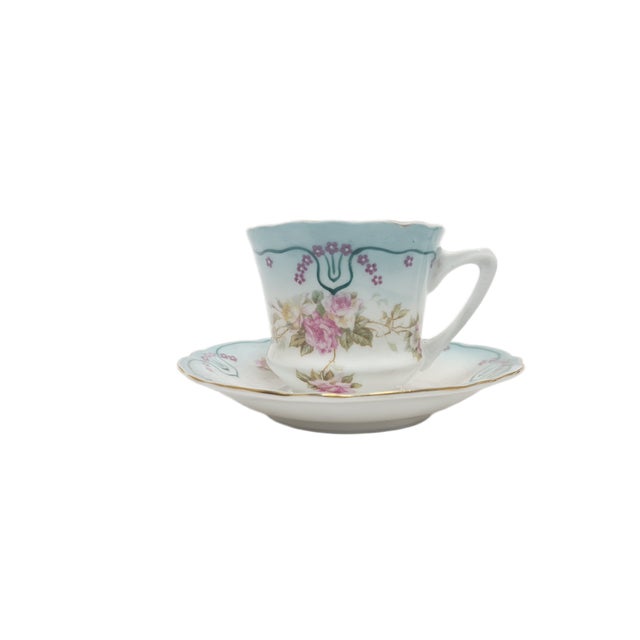Turquoise Art Nouveau Coffee Cup and Saucer from Tielsch, Poland, 1950s, Set of 2 For Sale - Image 8 of 13
