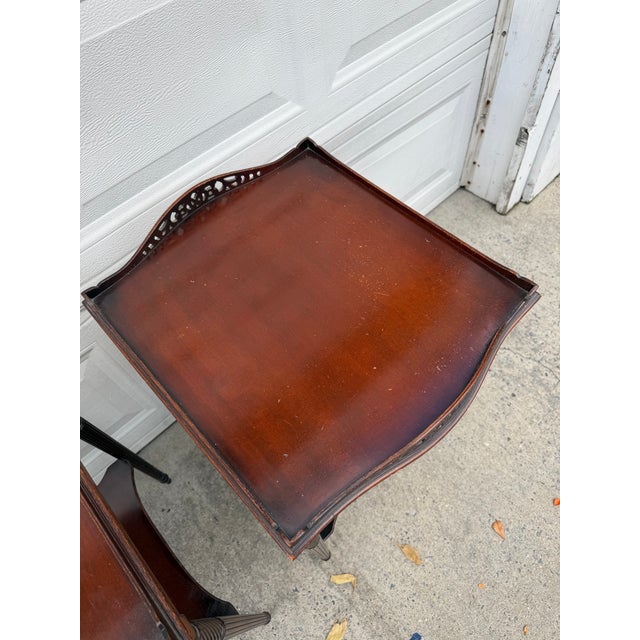 Pair of Vintage Hepplewhite Style Mahogany Side Tables With Pierced Galleries and Lower Shelves For Sale - Image 9 of 12