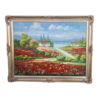 Vintage Large Italian Landscape Painting With Red Poppies Signed For Sale
