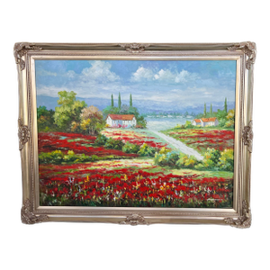 Vintage Large Italian Landscape Painting With Red Poppies Signed