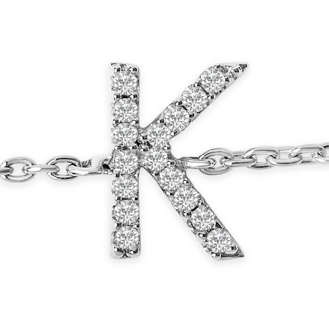 Contemporary 10K White Gold Diamond Accent "K" Initial Charm and Link Bracelet For Sale - Image 3 of 6