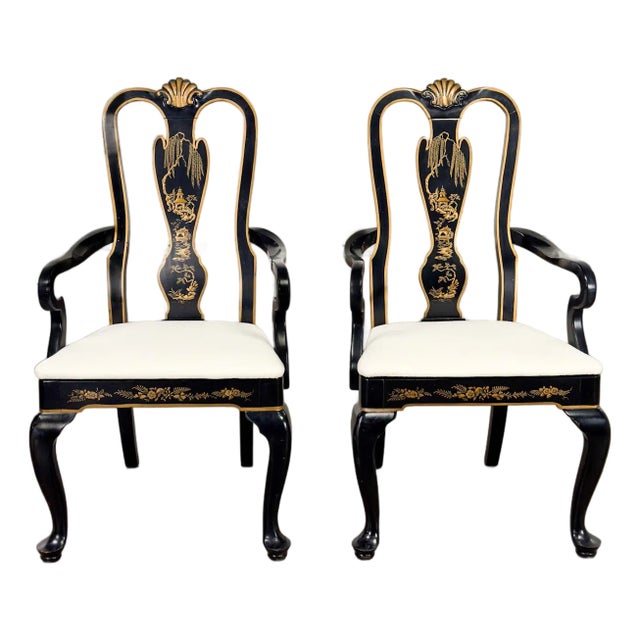 Mid-20th Century Chinoiserie & Georgian Style Pair of Host & Hostess Armchairs Black Lacquer Frames For Sale