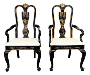 Mid-20th Century Chinoiserie & Georgian Style Pair of Host & Hostess Armchairs Black Lacquer Frames