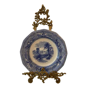 Antique Excelsior G. Wooliscroft Blue & White Plate with Victorian Bronze Stand- 2 Pieces