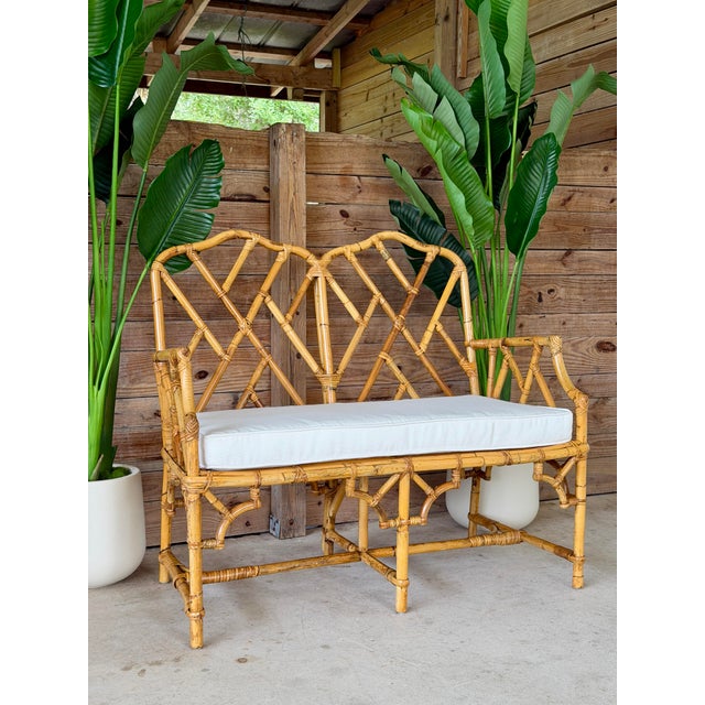 Vintage Rattan Chippendale Fretwork Settee Bench With New Sunbrella Cushion For Sale - Image 11 of 12