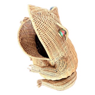 Rare Vintage Frog Shaped Wicker Basket 1960’s-1970’s Oliver Cajen Glass Marble Eyes For Sale