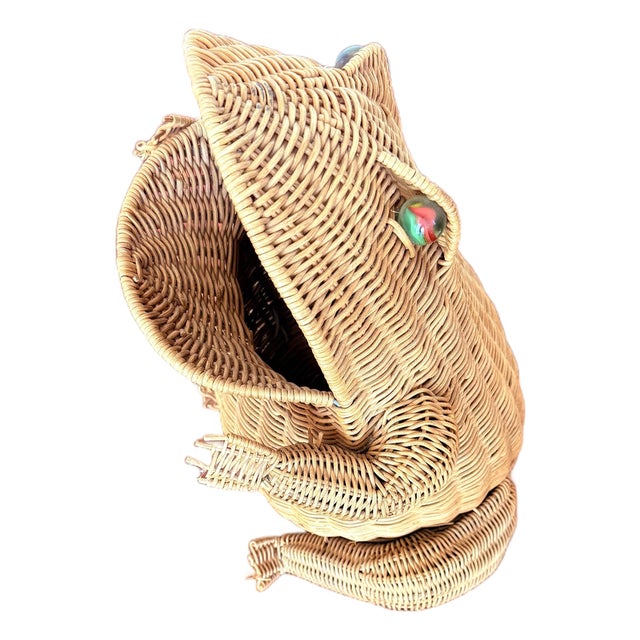 Rare Vintage Frog Shaped Wicker Basket 1960’s-1970’s Oliver Cajen Glass Marble Eyes For Sale