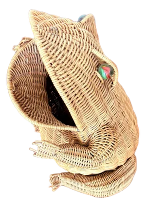 Rare Vintage Frog Shaped Wicker Basket 1960’s-1970’s Oliver Cajen Glass Marble Eyes