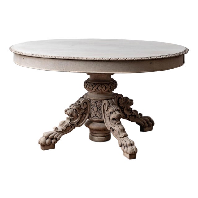 Carved Oak Oval Table, Lion Mask Pedestal, France, 19th Century For Sale