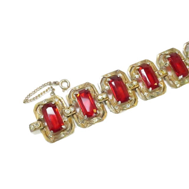 Vintage Gilded Ruby Glass Link Bracelet 1940s For Sale - Image 4 of 8