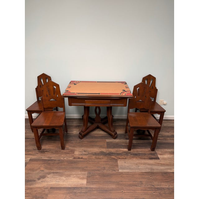 Red Vintage Art Deco Enamel Top Dining Table & 4 Chairs – Rare Geometric Design For Sale - Image 8 of 8