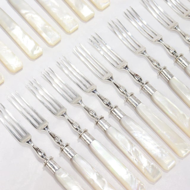 Antique English Sterling Silver & Mother-of-Pearl Cased 24-Piece Dessert Service For Sale - Image 4 of 18