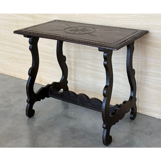 19th Baroque Spanish Side Table with Lyre Legs and Carved Edges For Sale - Image 16 of 18
