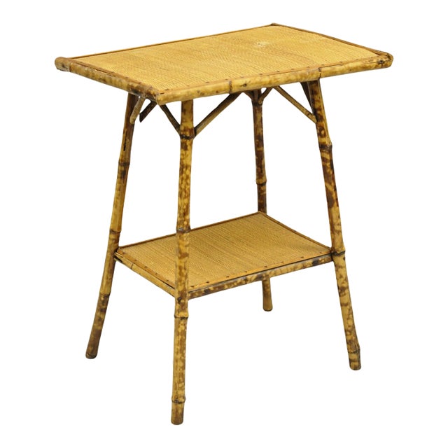 Early 1900s Antique English Victorian Bamboo and Cane 2 Tier Plant Stand Side Table For Sale
