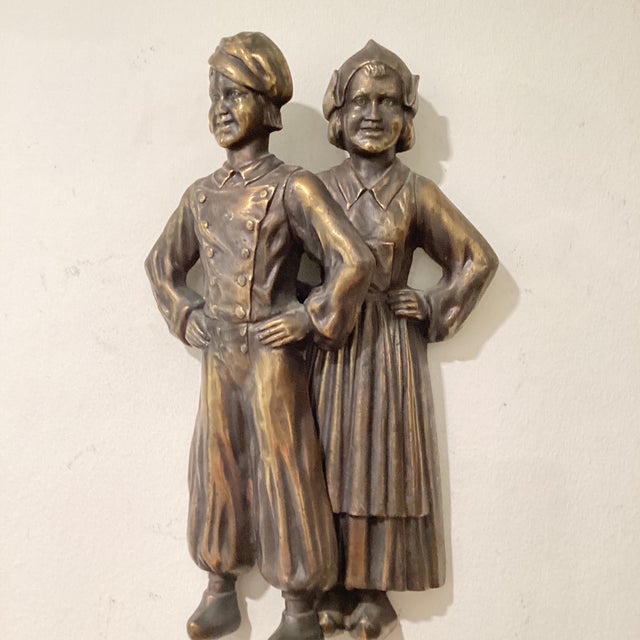 Figurative Vintage Pair of Cast Iron Andirons of a Colonial Dutch Boy & Girl Figurines For Sale - Image 3 of 12