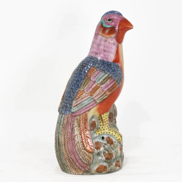 Vintage Colorful Chinese Porcelain Bird Figures Statues on Rocky Base For Sale - Image 9 of 9