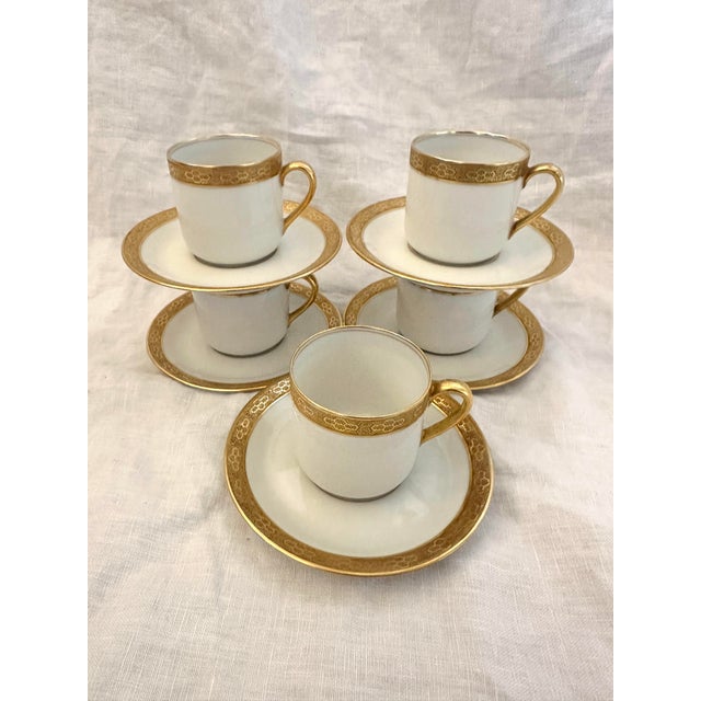 Early 20th Century Vintage C.Ahrenfeldt Limoges 24kt Gold Rim Set of 5 Demitasse Cup/Saucer Set - 10 pcs For Sale - Image 5 of 7