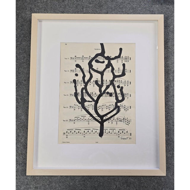 Natural Wood Shadow Box Framed Original Drawings 'Black and White Floral Abstractions on Music Score Sheets' #4 - Wall Gallery Installation - Set of 6 For Sale - Image 13 of 14