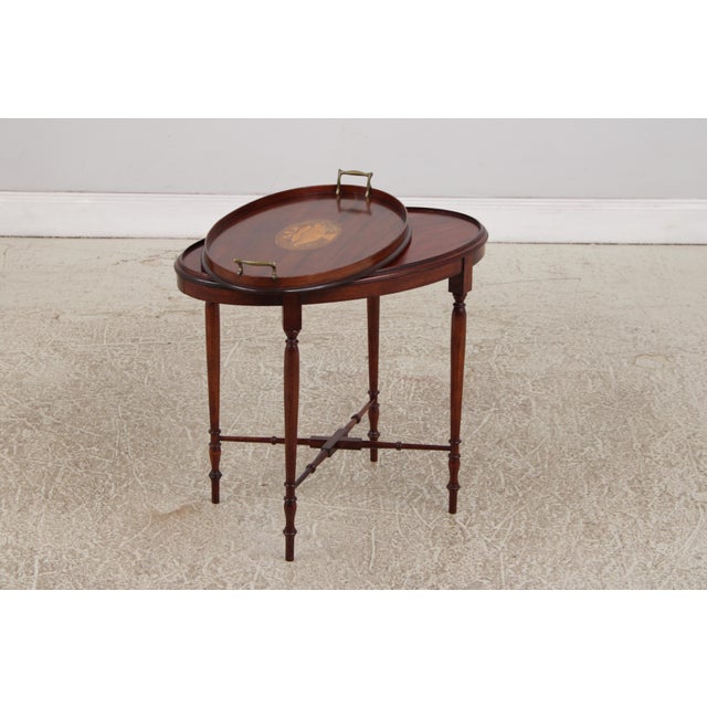 1930s English Edwardian Inlaid Mahogany Oval Tray Table For Sale - Image 5 of 15