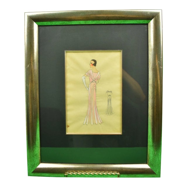 1920s Lanvin of Paris Fashion Model Watercolor Portrait, Framed For Sale