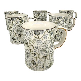 Morris & Co Botanical Porcelain Mugs Featuring the "Lodden" Floral Design by William Morris - Set of 6 For Sale