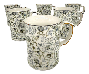 Morris & Co Botanical Porcelain Mugs Featuring the "Lodden" Floral Design by William Morris - Set of 6